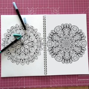 May include: An open colouring book with two intricate black and white mandala designs. Two blue and black markers are lying on top of the book.