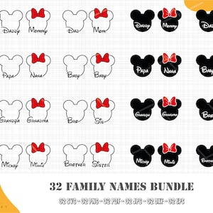 Pacote de nomes de família, Mickey Minnie Mouse Vovó Vovô Irmã Irmão Cabeça Orelhas Arco, Conjunto de Nomes de Família, Formatos Svg Png, Arquivo de Corte, Sublimação
