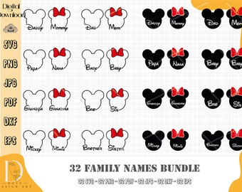 Family Names Bundle, Mickey Minnie Mouse Grandma Grandpa Sister Brother Head Ears Bow,Family Name Set, Svg Png Formats, Cut File,Sublimation