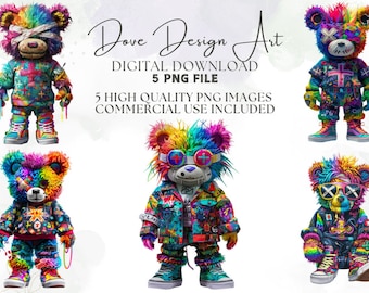 Bunter Teddybär Png, buntes Sublimationsdesign für T-Shirt, Urbane Grafik, Hip-Hop-Clipart, Sublimationsdesigns, Neon-Teddybär Png