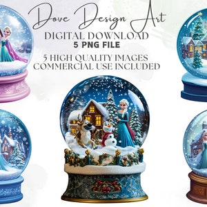 Puede incluir: Cinco imágenes digitales de bolas de nieve con una escena de invierno con una princesa, un muñeco de nieve y un reno. Las bolas de nieve están sobre bases de diferentes colores.
