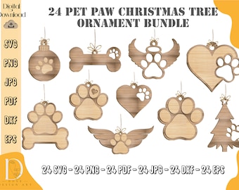 Haustier Pfote Weihnachtsbaum Dekoration Digitale Datei Ornament, Laser Glowforge Memory hängend Hund Katze Haustier Lightburn Ornament, Glowforge