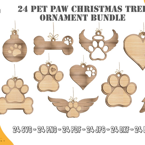 Pet Paw Christmas Tree Decoration Digital File Svg, Ornament Svg, Laser Glowforge Memory Hanging Dog Cat Pet Lightburn Ornament, Glowforge