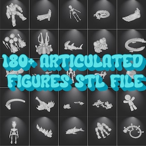 Puede incluir: Una cuadrícula de figuras articuladas impresas en 3D, en blanco, que representan un robot, una mano, un esqueleto y un pie, entre otros. El fondo es gris oscuro. El texto en azul claro dice "180+ ARTICULATED FIGURES STL FILE".