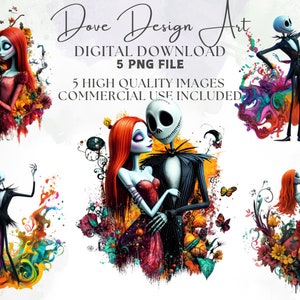 Jack and Sally Splash and Watercolor Digital design PNG file for sublimation, High Resolution, Instant Digital PNG Download, Tshirt designs