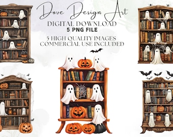 Retro Halloween-boekenplank png, boekenplank Halloween, spookachtig leesgrage, zwarte kat en boek png, schattig spookboek, boekenliefhebber Halloween, boekenliefhebber png