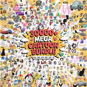 Paquete de más de 30 000 dibujos animados: personajes, imágenes prediseñadas, PNG, SVG, festivos, navideños y de Halloween.