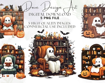 Ghost Reading Book PNG, Halloween Bookshelf PNG, Ghostly Bookish, Black Cat And Book Png, Cute Ghost Book Png, Instant Digital PNG Download
