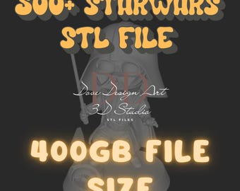 Könnte beinhalten: Digital gerenderte Abbildung einer Star Wars-Figur. Der Text lautet "500+ STARWARS STL FILE" und "400GB FILE SIZE". Die Figur ist ein 3D-Modell von Darth Vader. Der Text "Dove Design Art 3D Studio" ist ebenfalls enthalten.
