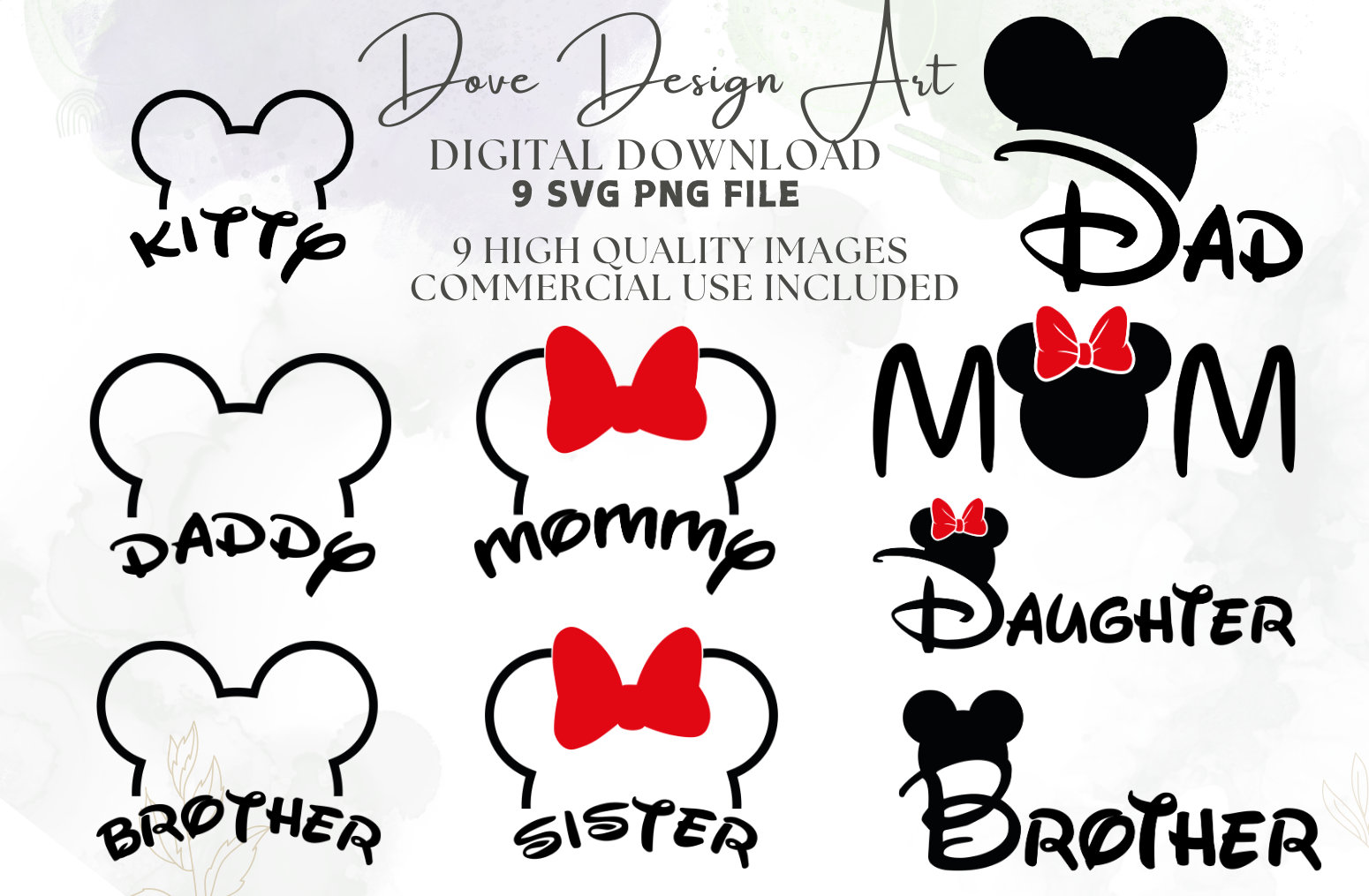 Family Names Bundle , Mickey Minnie Mouse Mommy Daddy Sister Brother Head Ears Bow , Family Name Set, Svg Png Formats, Cut File, Sublimation