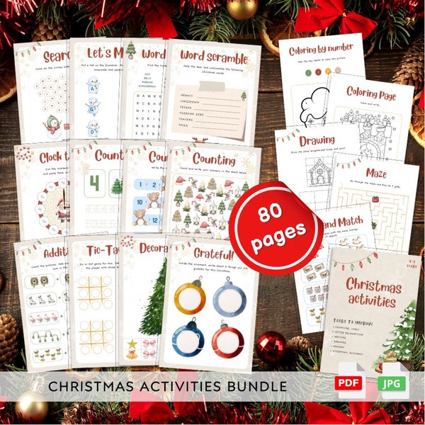80 activités de Noël à imprimer, Ensemble d'activités de Noël, Activités pour enfants, Coloriages de Noël, Jeux de fête de Noël, 4-8 ans
