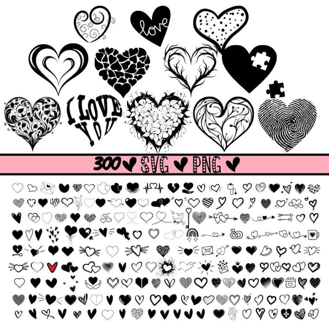 300 Hearts in Black & White Big Bundel SVG PNG, Heart Doodle Svg Png ...