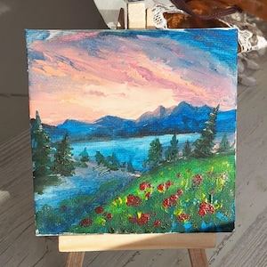 Miniature Oil Painting: Pink Mountains, Poppies - Colorado Landscape 4x4 Art
