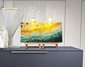 Shelf Miniature, Seaside Sandy Beach, Surfing Wave, Double Oil Painting, Easel Canvas, 4x12 Inches,Gift Wrap,Ocean From Above,With Backlight