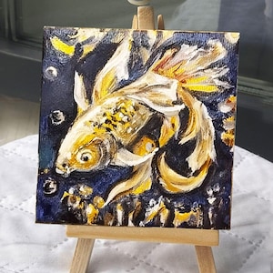 Złota rybka Oryginalny obraz olejny Fine Art Znak powodzenia Prezent, spersonalizowany obraz Ryba Sztuka ścienna Prezent dla mamy 4x4 Malowanie na urodziny Ryba Koi