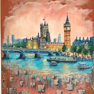 Art mural ville personnalisé paysage de Londres, peinture à l'huile originale, grande oeuvre d'art murale tendance actuelle, cadeau pour couple, décoration d'appartement, cadeaux pour Londonien