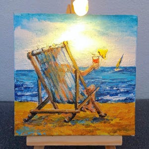 Hammock on Beach Oil Painting, Coastal Summer Landscape Ocean Art