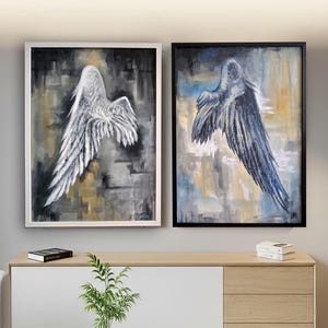 LED Angel Wings Oil Painting: Black and White Yin Yang Framed Diptych