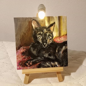 Black Cat Portrait Pet Portrait Custom Oil Painting Miniature Oil Painting From Photo, Original Shelf Decor Canvas 4x4 Small Cat Lover Gift
