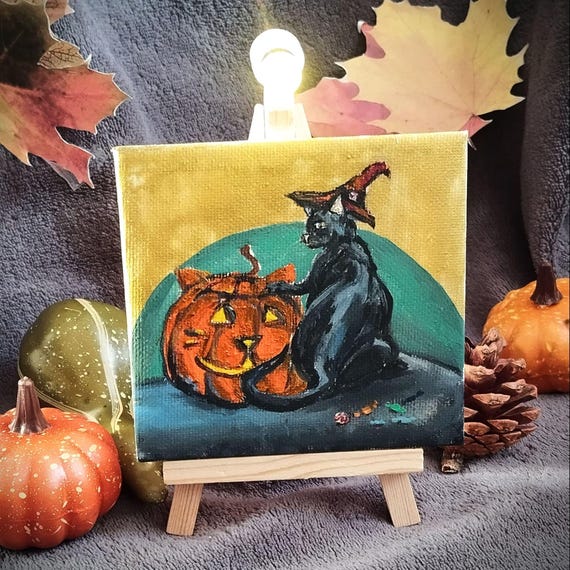 Halloween Black Cat Oil Painting, Mini Masterpieces 4x4 Witchy Shelf Decor Pumpkin Art Small Canvas
