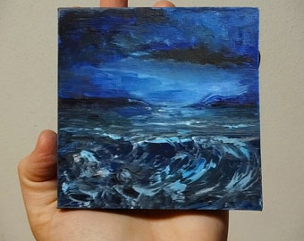 Seelandschaft Miniatur Kunst, Original Ölgemälde, neues Geschenk, Leinwand mit Staffelei, 10,5 x 10,5 cm, Abstrakter Ozean, Nachtlandschaft, Mondlichtwelle, im Regal