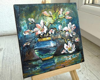 Textured Magnolia Oil Painting 4x4 –Top 100 Gifts for Floral Lovers, Impasto Small Plant on Canvas