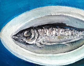 Original Sardine Oil Painting 4x4, Mini Nautical Fish Art, Coastal Kitchen Shelf Decor