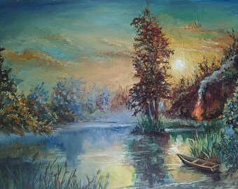 Landscape Painting,on Canvas,Oil Art in Framed,River,Relaxing by the Fire,with Lighting,Gift for Him,Handmade Gift,Original Painting,