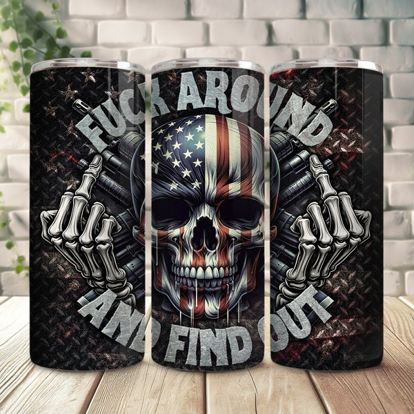 American Skull Flag 20 oz Skinny Tumbler Seamless Wrap Sublimation, F Around and Find Out, 2nd Amendment Patriotic, Digital Download PNG