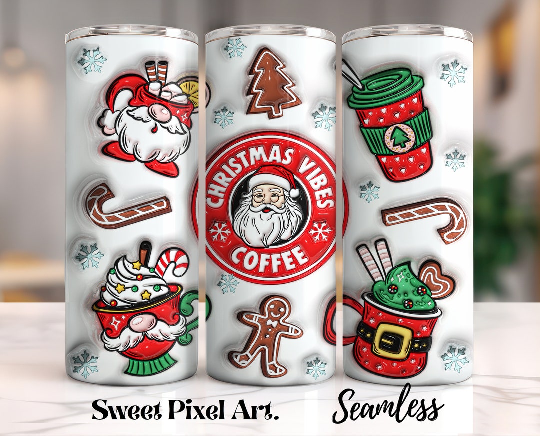 3D Christmas Vibes Coffee Seamless Inflated Tumbler Design, Santa Claus 