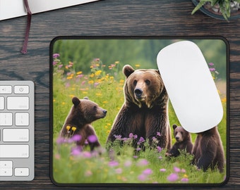 Black Bears Mouse Pad, Mama Bear & Cubs in Wildflower Meadow, Large Gaming Pad, 3mm Neoprene Pad with Anti-Slip Backing, Wildlife Lover Gift