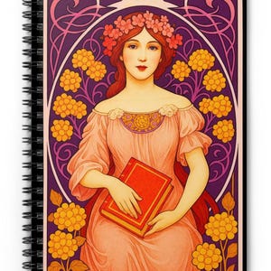 Book Lovers Spiral Notebook - Art Nouveau Era Journal, Vintage Design, Lovely Woman and Florals, School Supplies, Gift for Reading Lovers