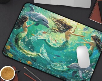 Mermaids Desk Mat, Underwater Sea Life, Playful Dolphins, Tropical Fish in Blue-Green Sea, Anti-Slip Gaming Pad, Ocean Scenery