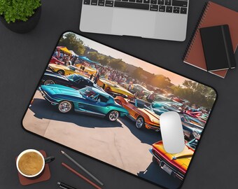 Vintage Corvettes Desk Mat, Antique &#39;Vette Car Show, Muscle Cars Gaming Pads, Restored Autos Desk Decor 3 Sizes, Unique Antique Cars Gift