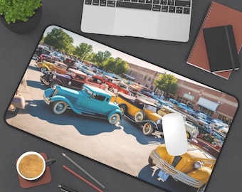 Vintage Car Show Desk Mat: Classic Auto Design, Anti-Slip Pad
