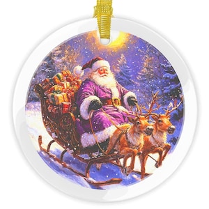 Santa and Sleigh Glass Ornament: Beveled Edge Christmas Tree Decoration