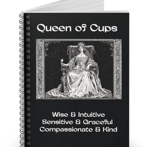 Tarot Spiral Notebook, Queen of Cups Minimalist Design, Compassionate-Kind-Sensitive, Intuitive-Graceful-Wise, Important Tarot Figure
