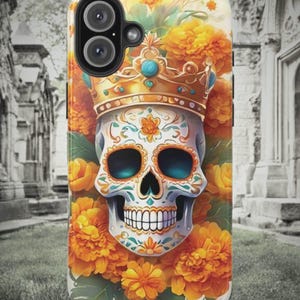 Sugar Skull iPhone Case, Day of the Dead, Marigolds Crown, Impact Resistant, Glossy Finish, Halloween Art, iPhones 13 - 16