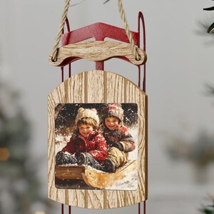 Rustic Wooden Sled Ornament: Children Sledding Christmas Tree Decoration