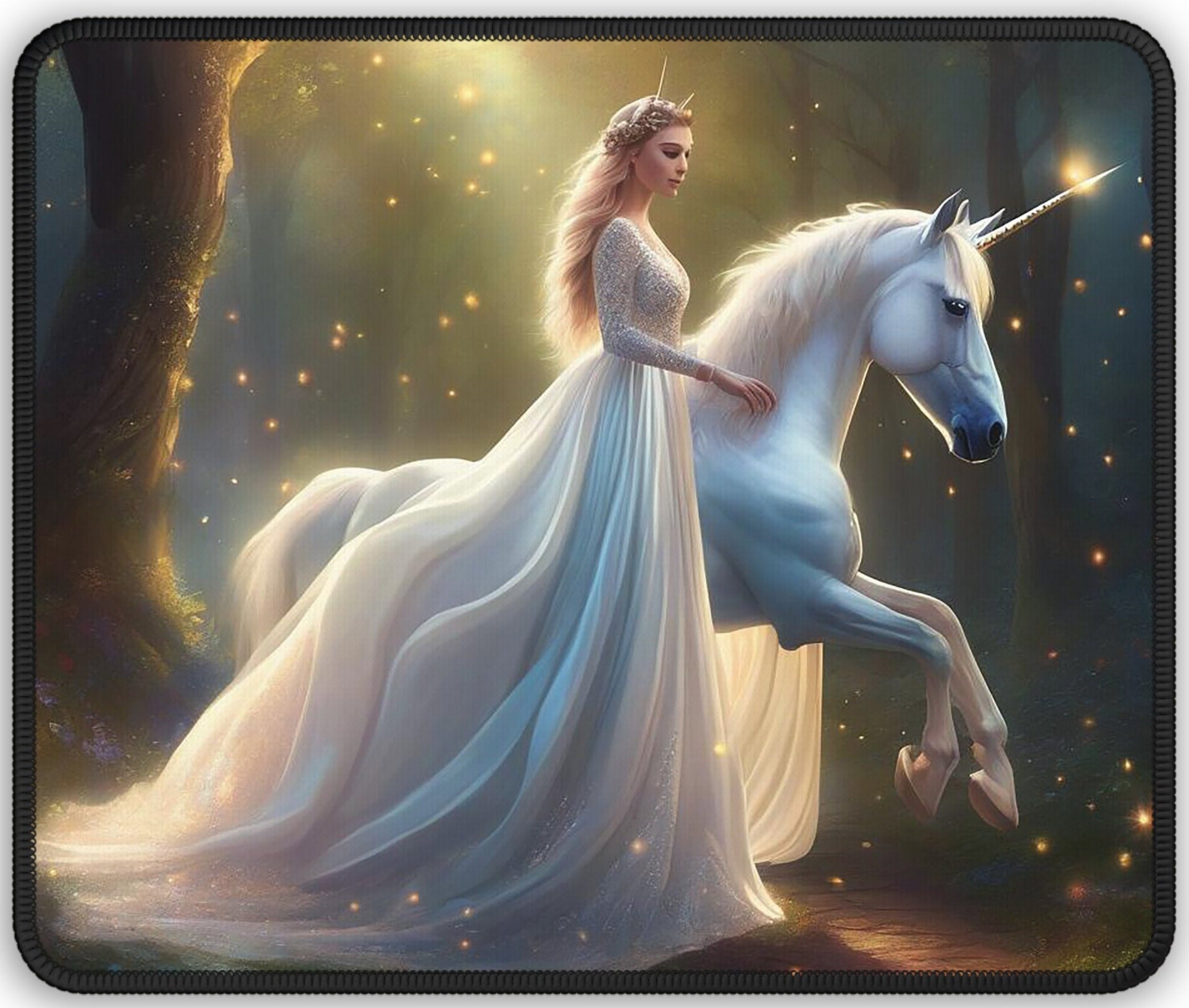 Unicorn Mouse Pad, Woman and Unicorn in Enchanted Forest, Big Mouse Pad, Gaming Pad, 9x7 inch, Non-Slip with Smooth Top, For Unicorn Lovers