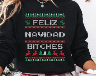 Sweter Feliz Navidad, Brzydki i zabawny sweter świąteczny, Humorystyczny sweter świąteczny, Sweter świąteczny, Bluza z okrągłym dekoltem na imprezę świąteczną