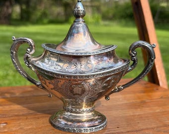 Antique Reed & Barton Silver Plated Covered Sugar Bowl Urn #143 | Victorian Engraved Scrollwork | Double Handle Footed | Late 1800s