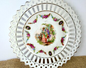 German Vintage German Riticulated Pocelain Bread Plate / Dessert Plate Floral Gold Trim Lace Edge