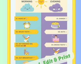 Printable Morning and Evening Routine Chart – Kids Daily Schedule – Visual Routine for Home