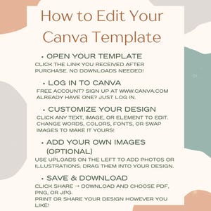 May include: A beige and cream-colored graphic with the text "How to Edit Your Canva Template." Instructions include opening the template, logging into Canva, customizing the design, adding images, and saving.