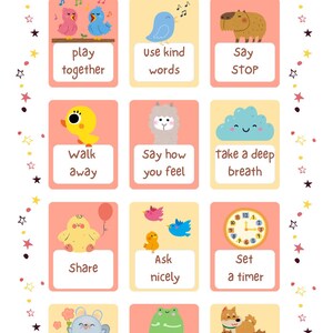 May include: A colorful educational poster titled "I Can Solve Problems" with illustrated suggestions like "play together" and "say sorry." The poster features cartoon animals and a clock, designed to help children manage problems.