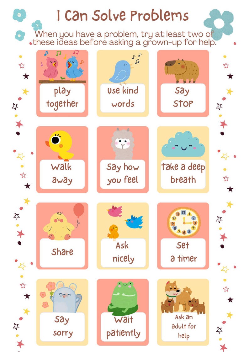 May include: A colorful educational poster titled "I Can Solve Problems" with illustrated suggestions like "play together" and "say sorry." The poster features cartoon animals and a clock, designed to help children manage problems.