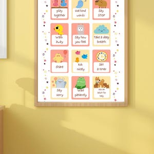 May include: A framed poster with the text "I Can Solve Problems" and illustrations of problem-solving strategies. The poster includes phrases like "play together," "use kind words," and "take a deep breath." The website address "www.reallygreatsite.com" is at the top.