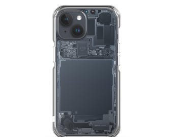 Op de afbeelding: Transparante telefoonhoes die de interne componenten van een smartphone laat zien. De hoes heeft een transparante rand, die de interne structuur van de telefoon laat zien, inclusief de camera, printplaat en batterij. De tekst "A19" is zichtbaar op de printplaat en "TAPTIC ENGINE" staat onderaan.