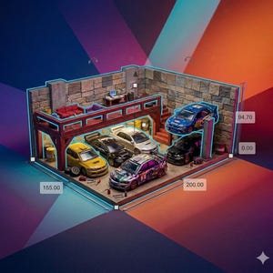 May include: A miniature garage diorama featuring a stone-textured wall, a red loft level with a sofa, and a ground floor housing five model cars in yellow, black, silver, purple, and blue. The scene includes numerical labels 155.00, 200.00, and 94.70.